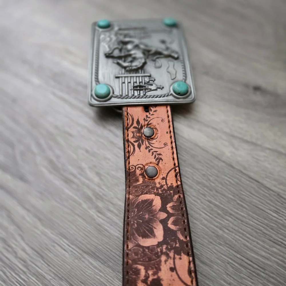 Sissie & Me Brown Leather Belt 32 Western Rodeo Turquoise Buckle Ursula Lewis